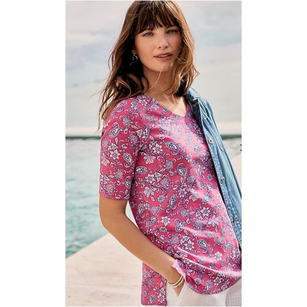 J. Jill Pima Slub Tee XL Petite Pink Paisley Floral Elbow Sleeve Top 100%Cotton